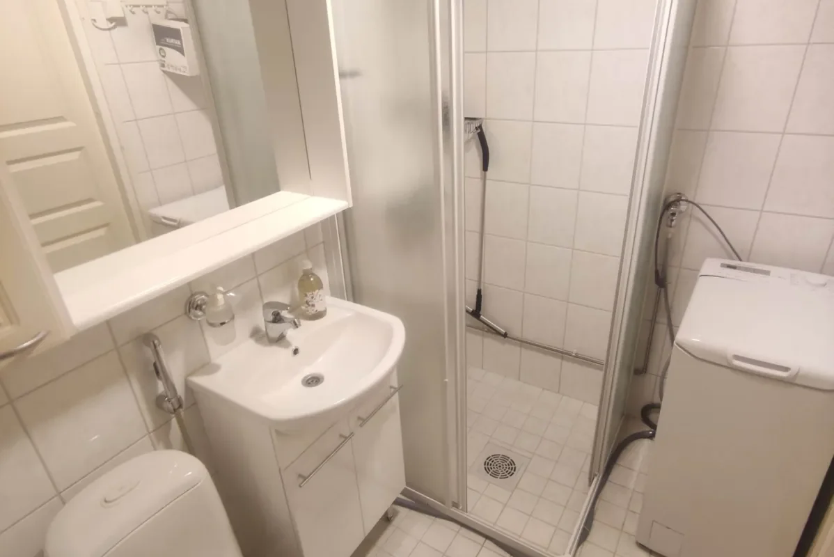 Bathroom with shower, washbasin, toilet and washing machine in the 21 m² B apartment, Levi