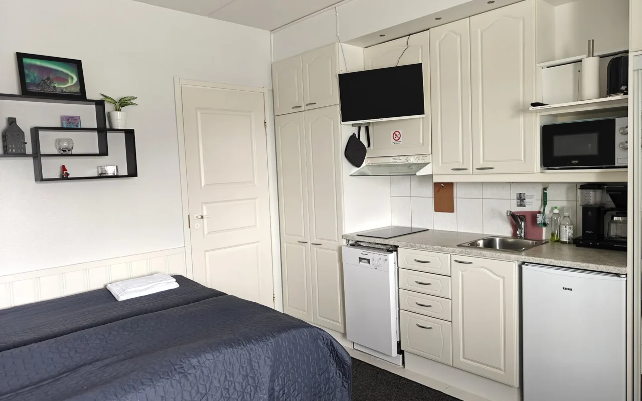 Kitchenette and twin beds in the 21 m² B studio apartment in Levi centre