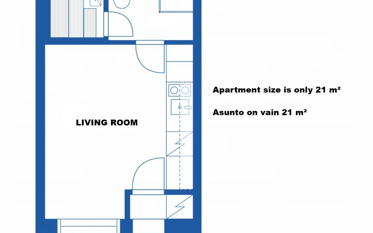 Floor plan of the 21 m² studio apartment with living room, kitchenette, sauna and bathroom