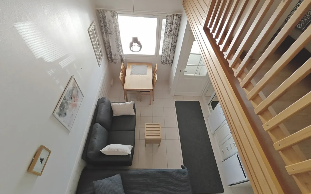 Living area seen from the loft in Leviloma 27 m² C apartment, Levi